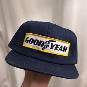 Vintage 80's Goodyear Snapback Hat Navy Blue Embroidered Logo Adjustable VTG